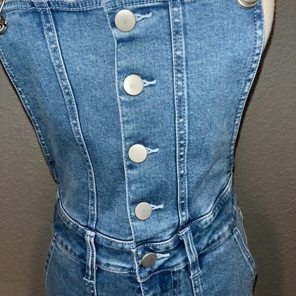 MO&Co. Blue Denim Overall Jumpsuit Front Button Bib Zip Fly Bell Bottom NWOT XS - Picture 3 of 12